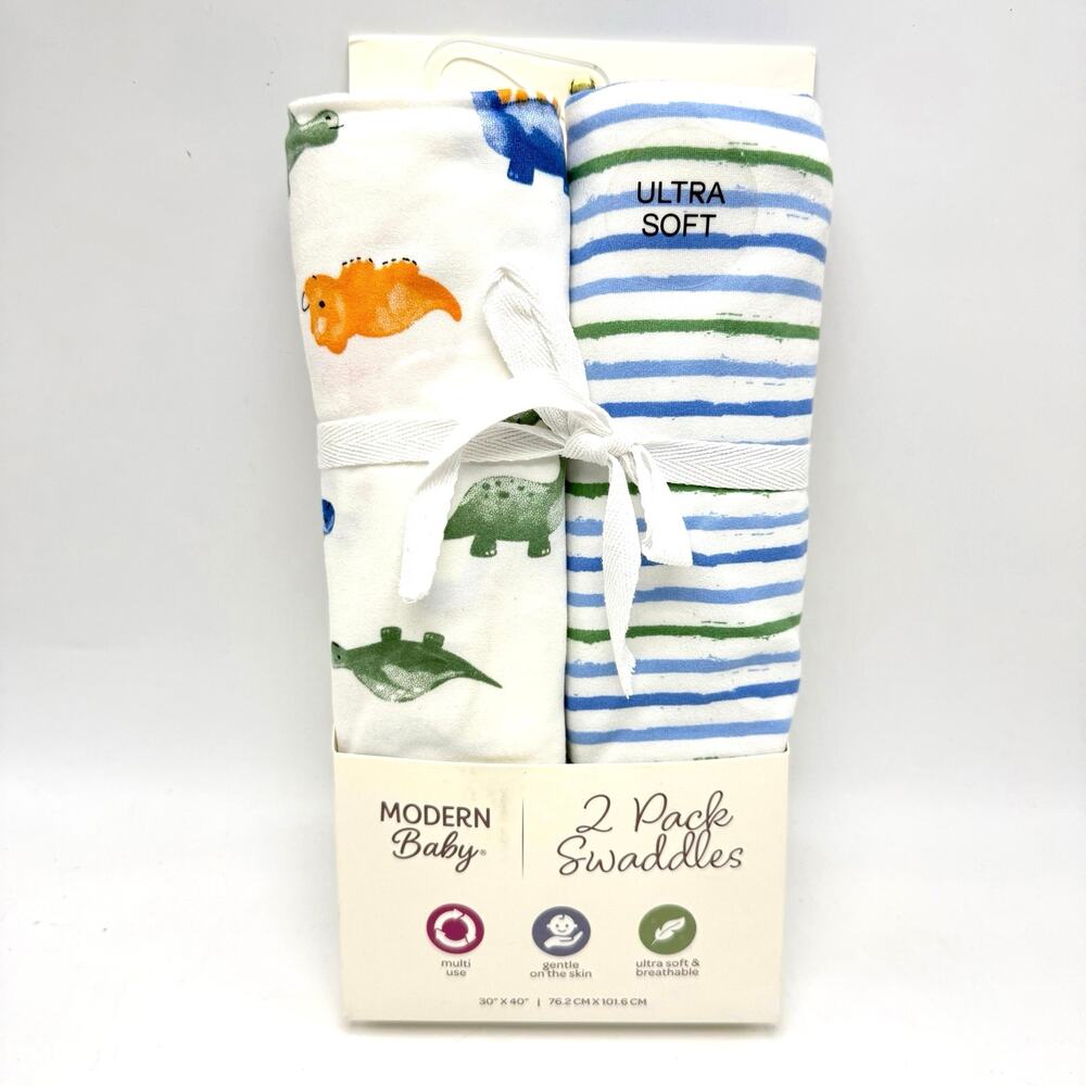 Modern Baby Soft Swaddle Blankets 2 Pack Dinosaurs Blue Green Striped 30x40”